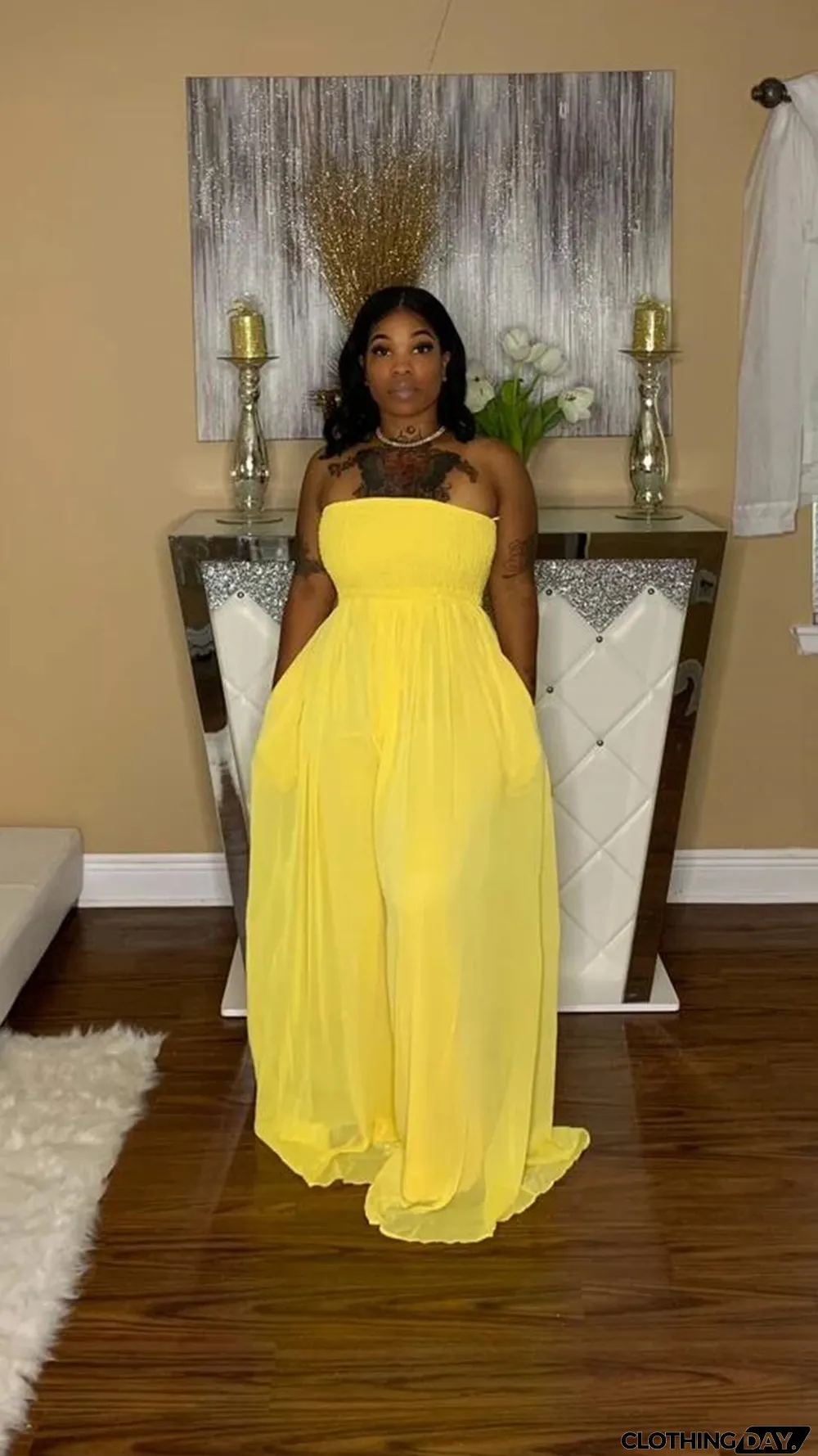 Plus Size Solid Off Shoulder Strapless Wide Leg Jumpsuit