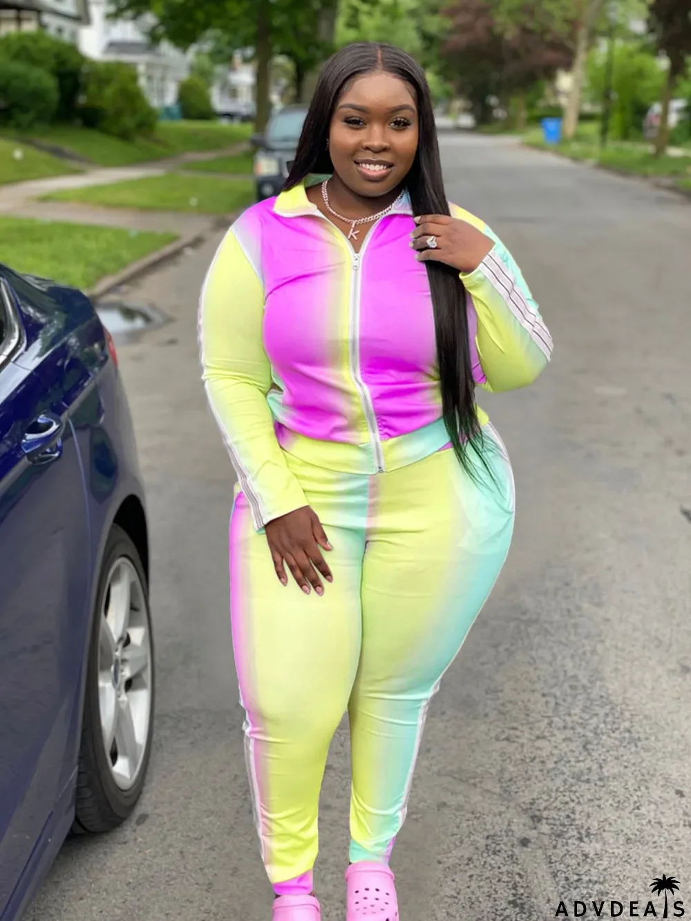Plus Size 5XL Gradient Zipper Two Piece Pants Set