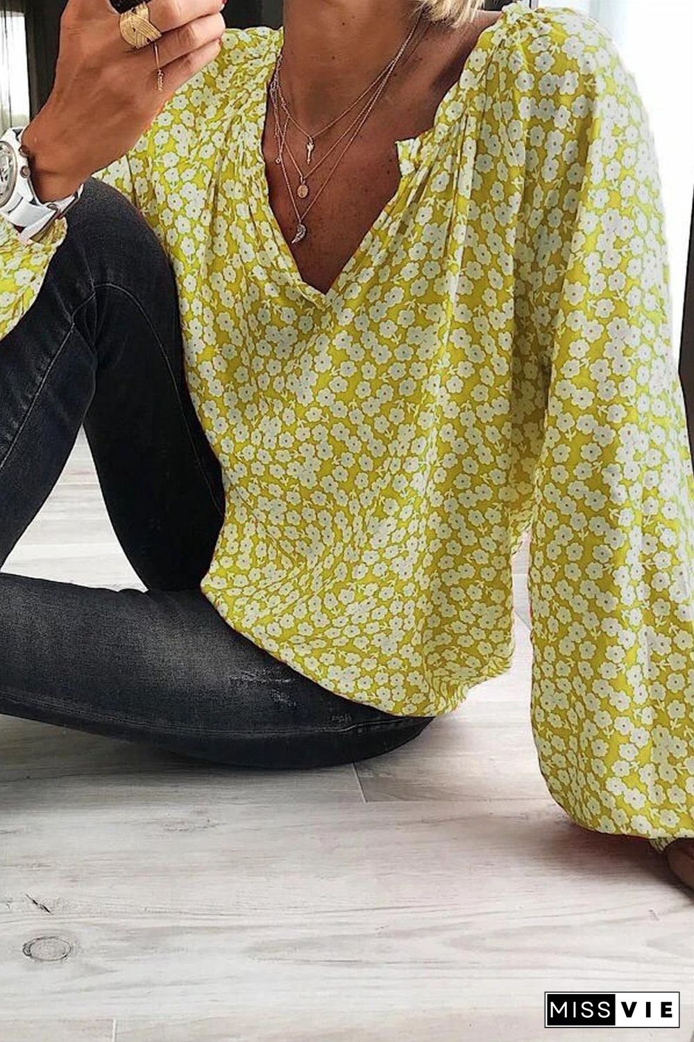 Bohemian V-Neck Floral Print Blouse