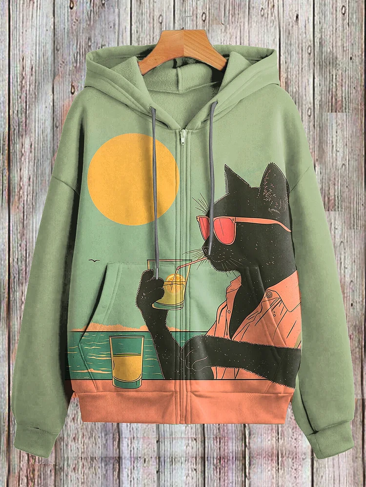 Women's Leisure Cat Cocktail Vacation Art Print Hooded Zip Up Jacket