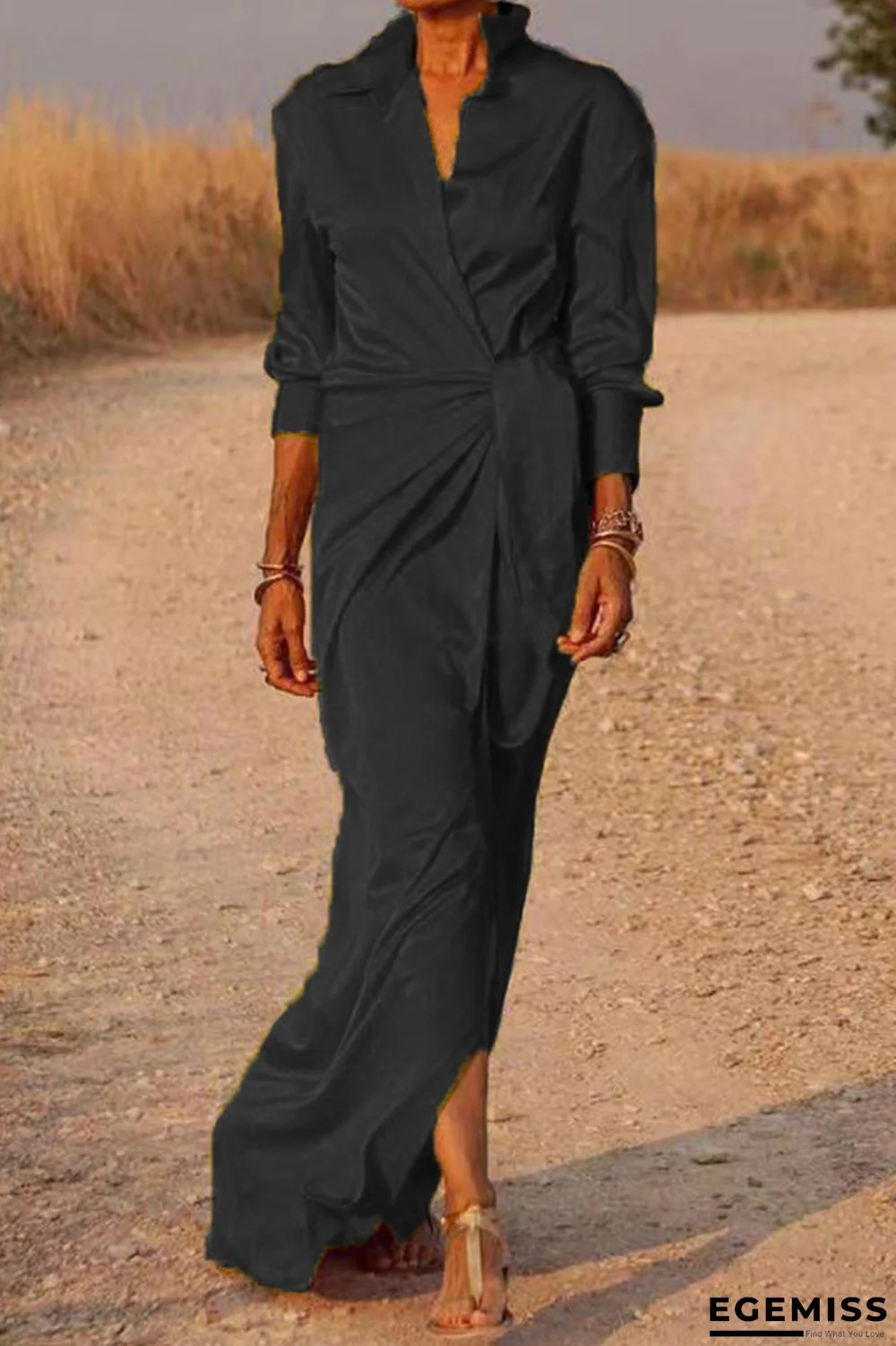 Black Casual Solid Patchwork Turndown Collar Long Sleeve Dresses | EGEMISS