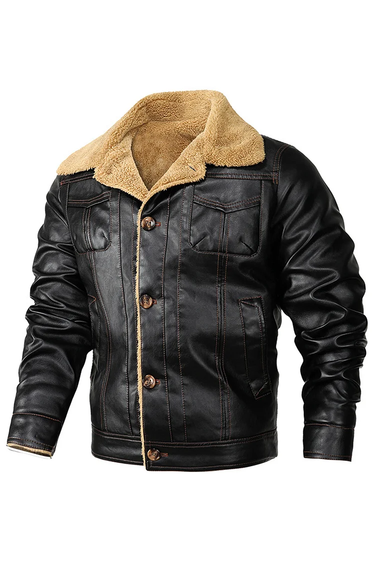 Casual PU Leather Stand-Up Collar Long Sleeve Thickened Jacket