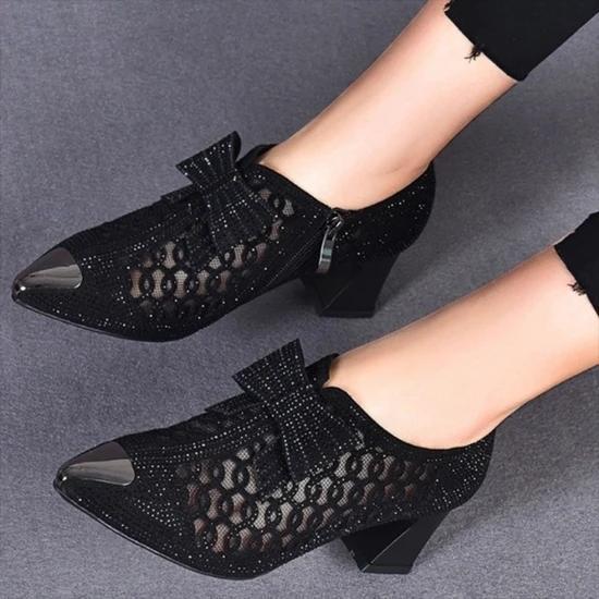  thdmladies Rhinestone Hollow Chunky Heel Shoes thedmladies