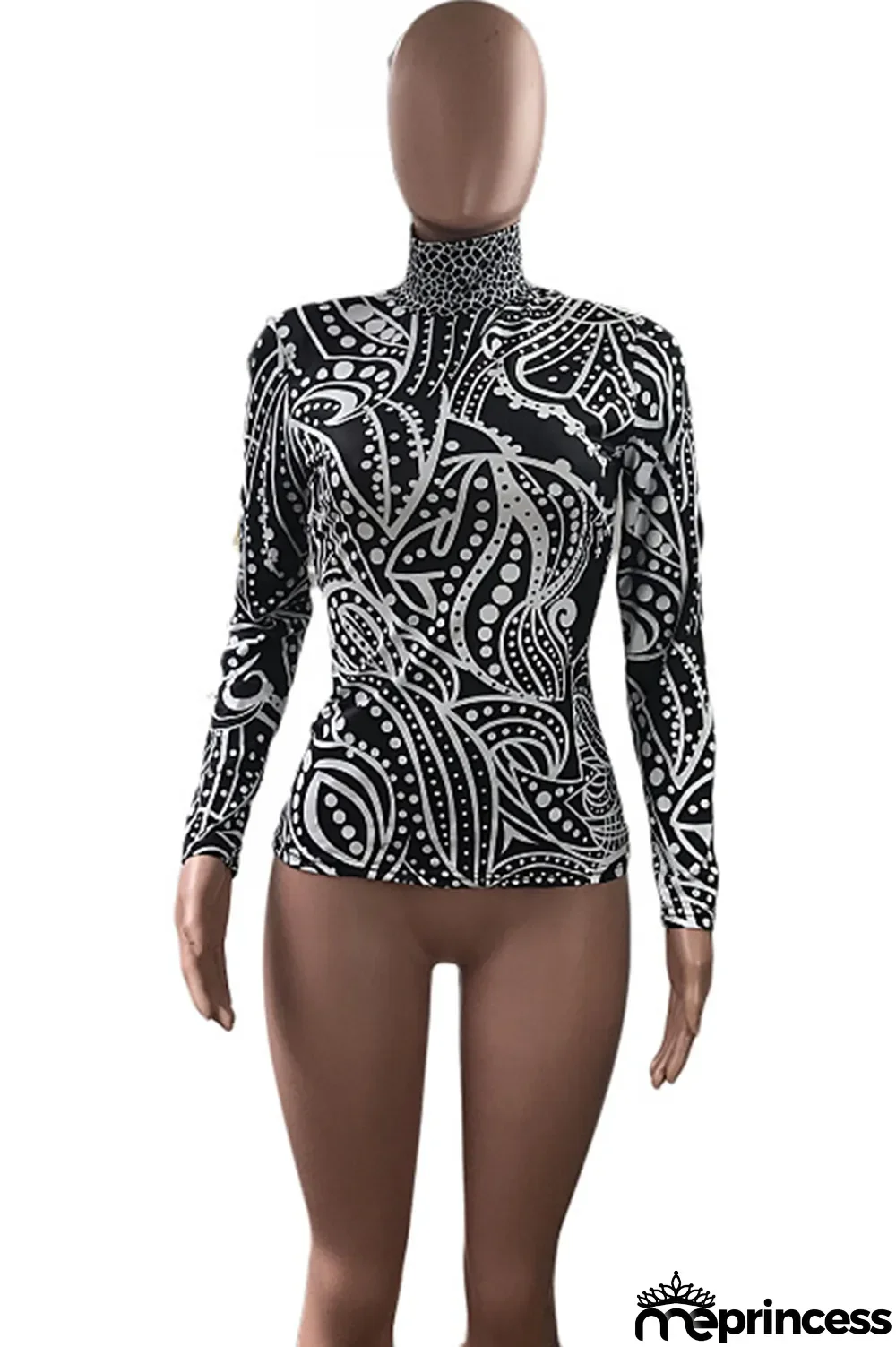 Black Turtleneck Long Sleeve Geometric Print Long Sleeve Tops