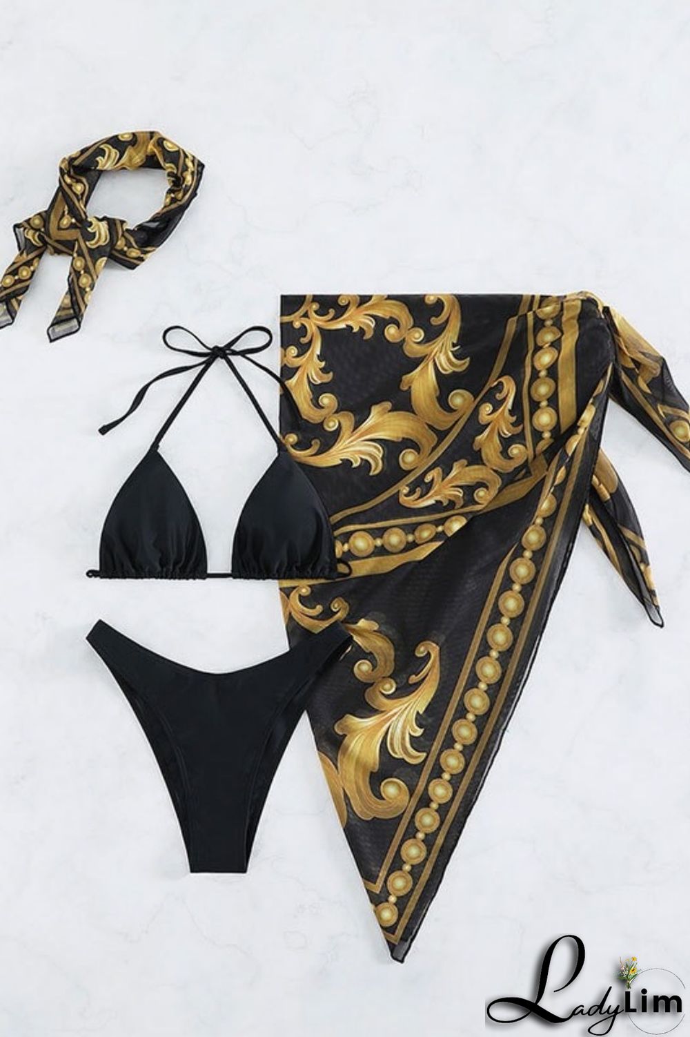 Purple Sexy Print Bandage Backless Four Piece Set (With Paddings)