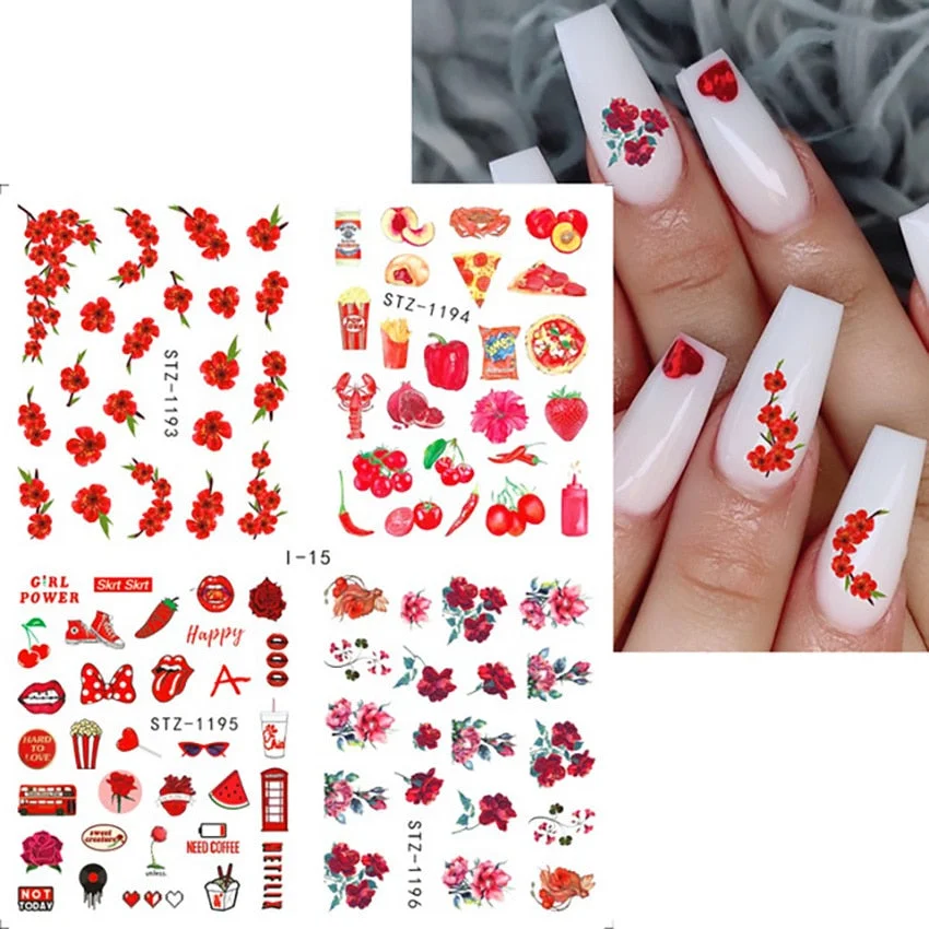 Nail Stickers Water Transfer Flowers Leafs Abstract Art Designs 4Pcs/Set Nail Decal Decoration Tips For Beauty Salons-Nail Inspo