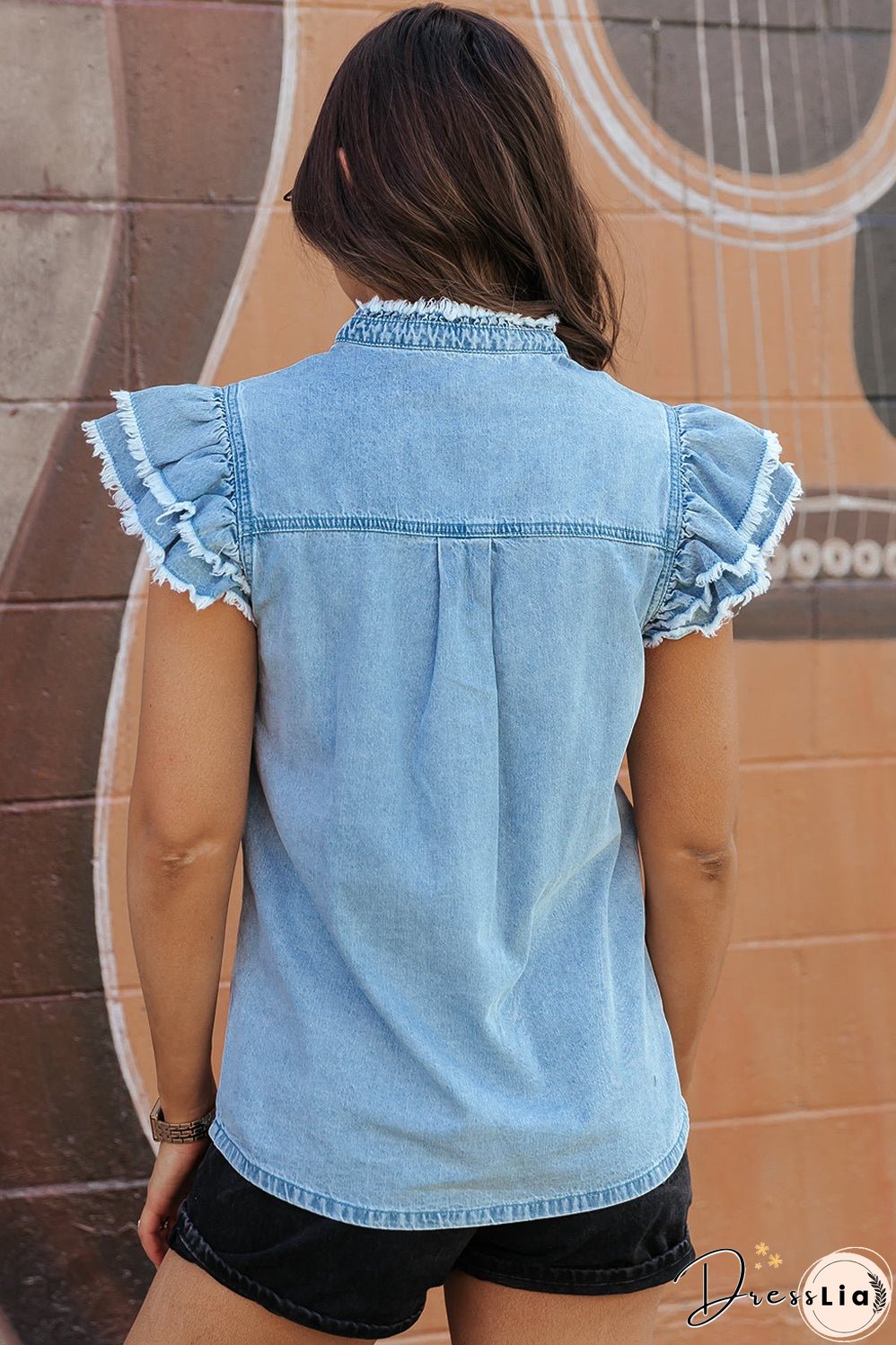 Button Front Frayed Denim Top