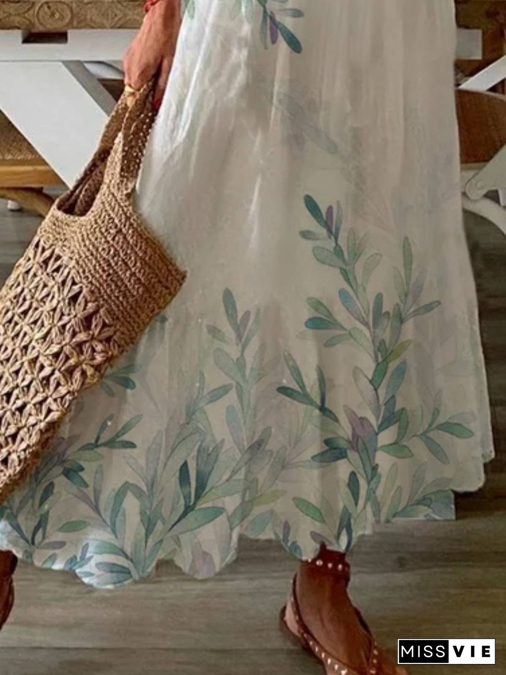 V Neck Plants Short Sleeve Casual Dress