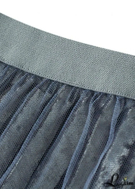 Elegant Grey Blue Elastic Waist Silk Velour Skirts Spring
