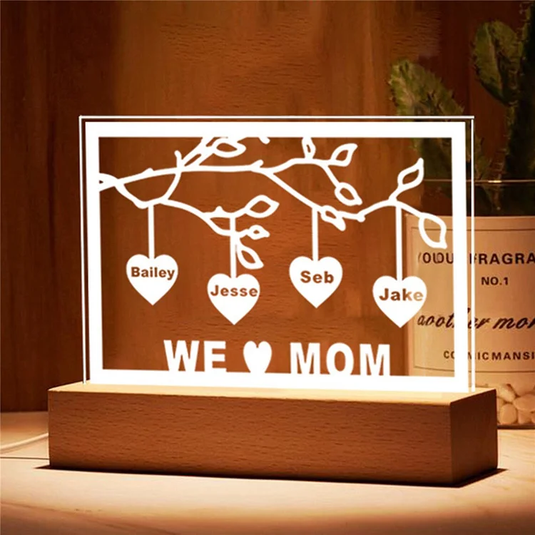 Personalized Family Tree Night Light LED Sign Engraved 4 Names Plaque USB Power Lamp