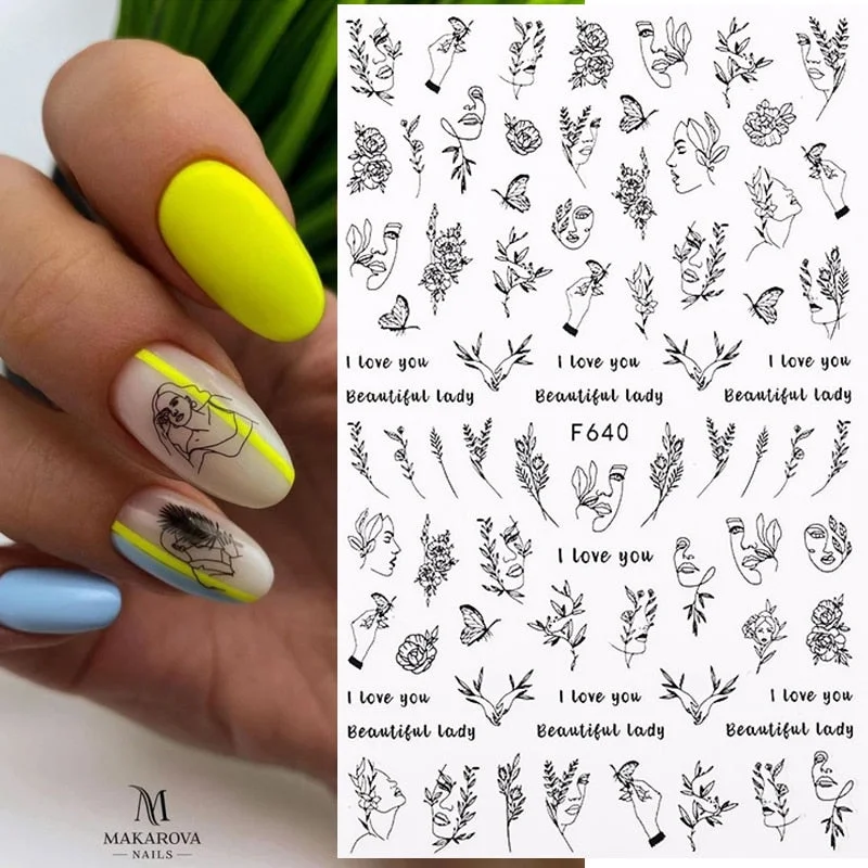 1PC Sexy Lady Shaped 3D Nail Stickers Character Face Image Leaves Flower Decals Slider Black White DIY Nail Art Decorarion-Nail Inspo