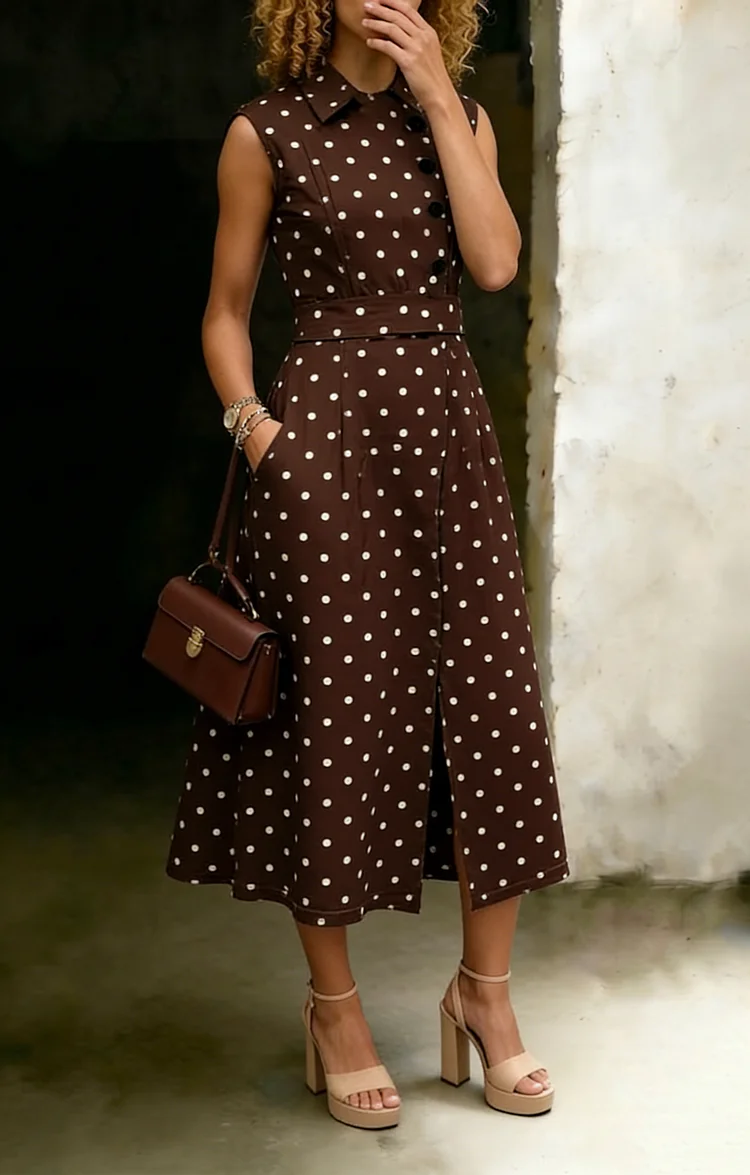 Women's Vintage Polka-Dot Sleeveless Midi Dress with Cinched Waist