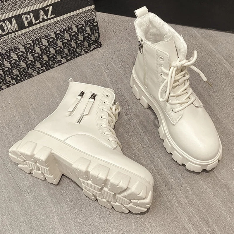 Women's White Ankle Boots 2021 Ladies Chunky Winter Boot Female Shoes Black Platform Combat Boots Fur Plush Designer Punk Gothic