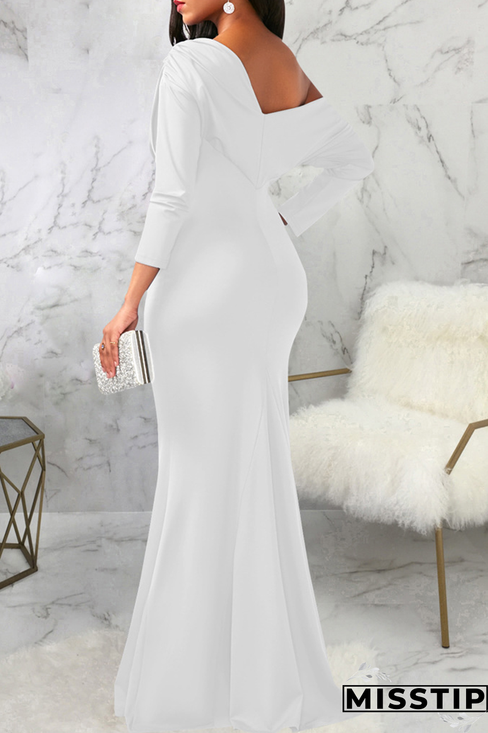 White Street Solid Patchwork One Shoulder Trumpet Mermaid Dresses