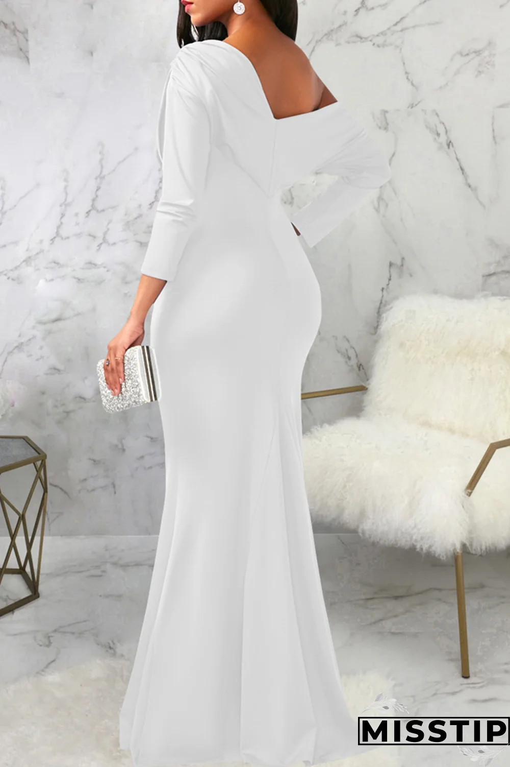 White Street Solid Patchwork One Shoulder Trumpet Mermaid Dresses