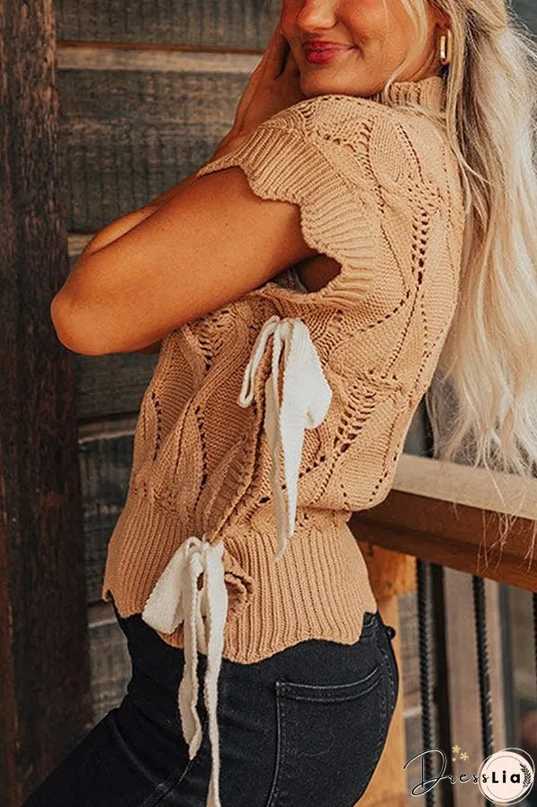 Light French Beige Hollowed Knit Scalloped Trim High Neck Sweater