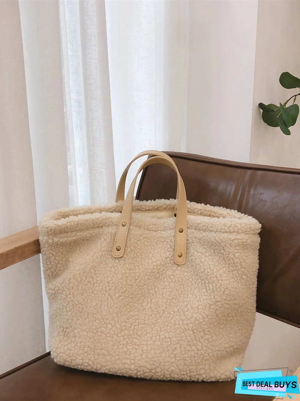 Pure Color Lambswool Large Capacity Handbag