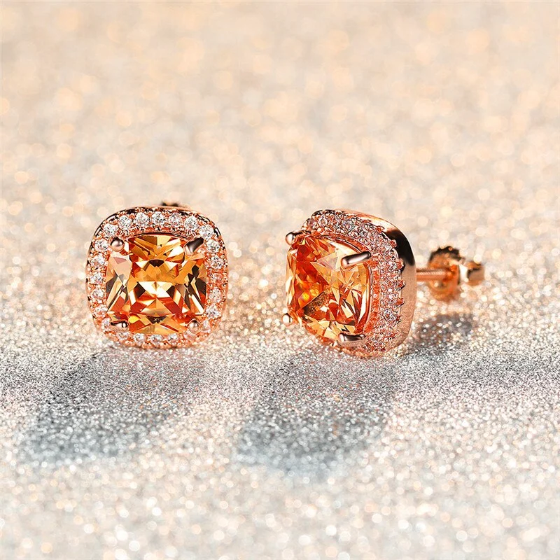 Dainty Female Rainbow Crystal Opal Jewelry Rose Gold Silver Color Stud Earrings Cute Square Zircon Wedding Earrings For Women