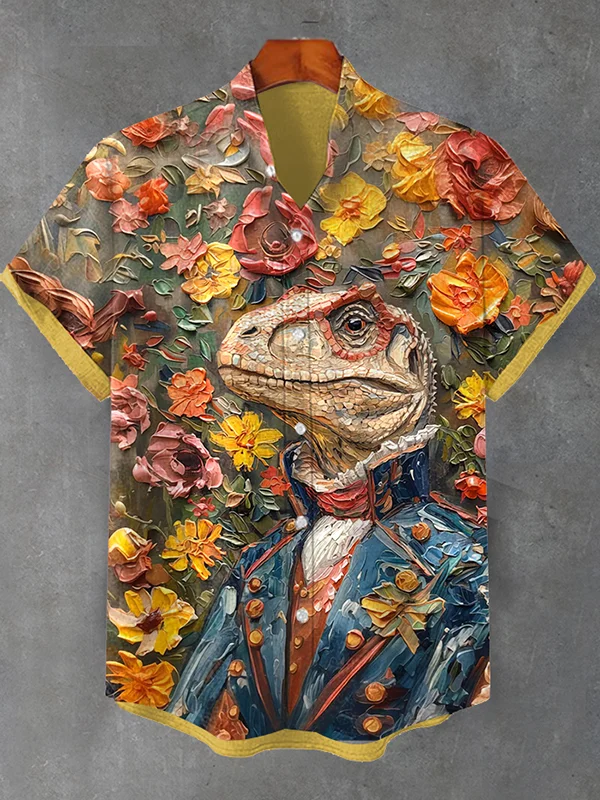 Men's Colorful Lizard Gentleman Boho Flower Oil Painting Print Shirt