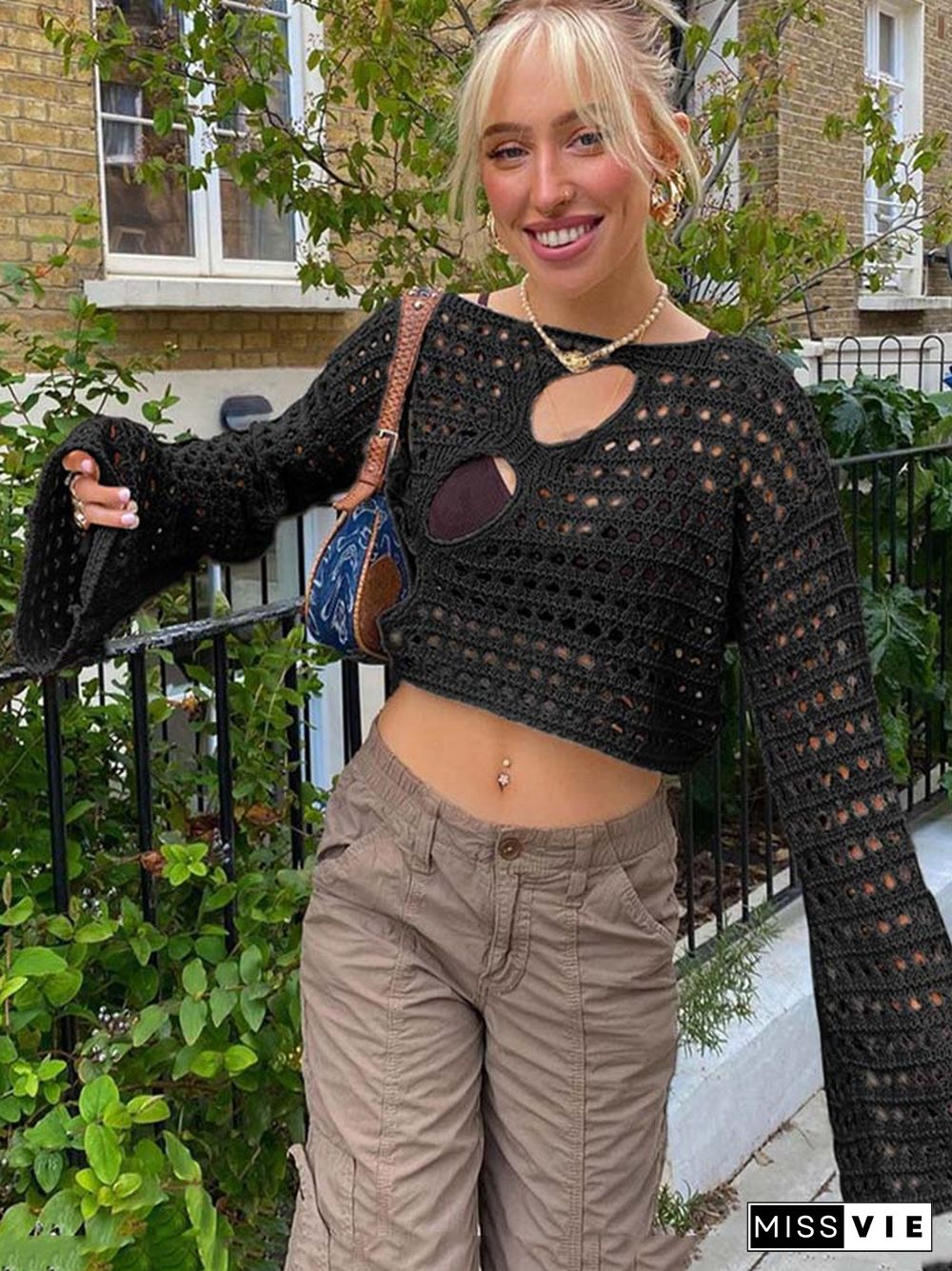 Y2K Hollow Out Cropped Knit Smock Top Vintage Loose Distressed Crochet Pullovers Casual Fairycore Chic Crop Cloth