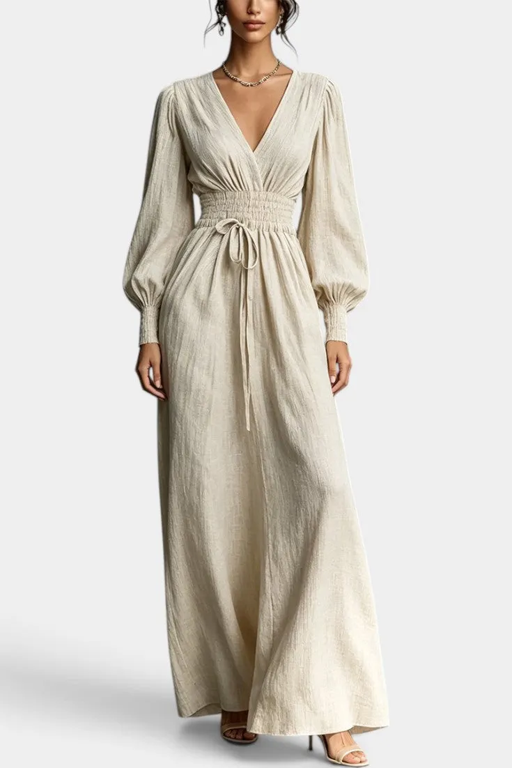 V-Neck Smocked Waist Maxi Dress with Puffed Sleeves
