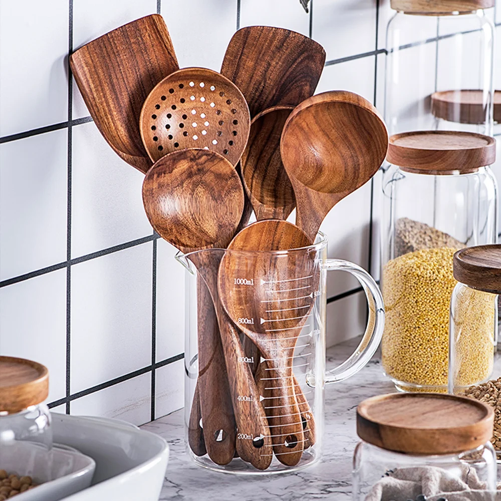7 Piece Natural Teak Wood Spoons & Kitchen Utensils | IFYHOME