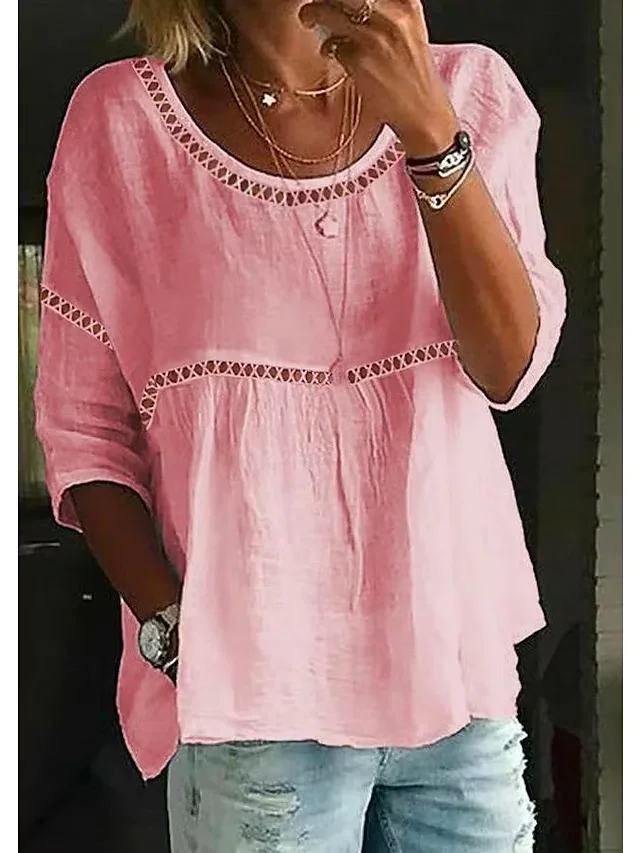 Women's Shirt Blouse White Pink Plain Lace Patchwork 3/4 Length Sleeve Casual Basic Round Neck Regular Linen S socialshop
