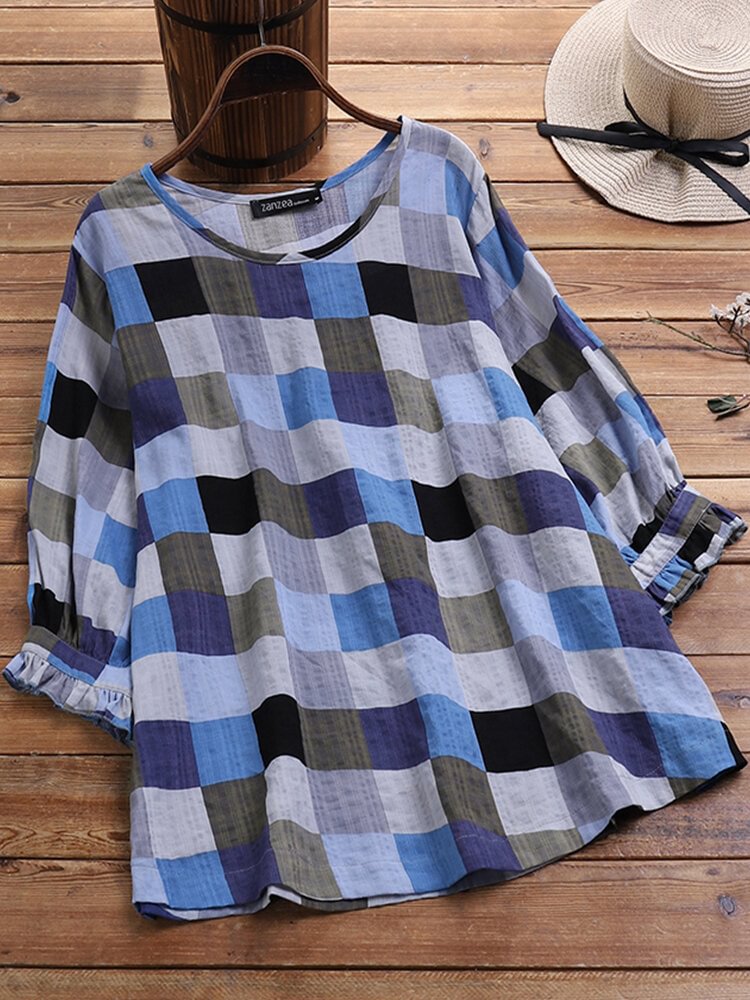 Plaid Print Puff Sleevs O neck Casual T shirt P1694556