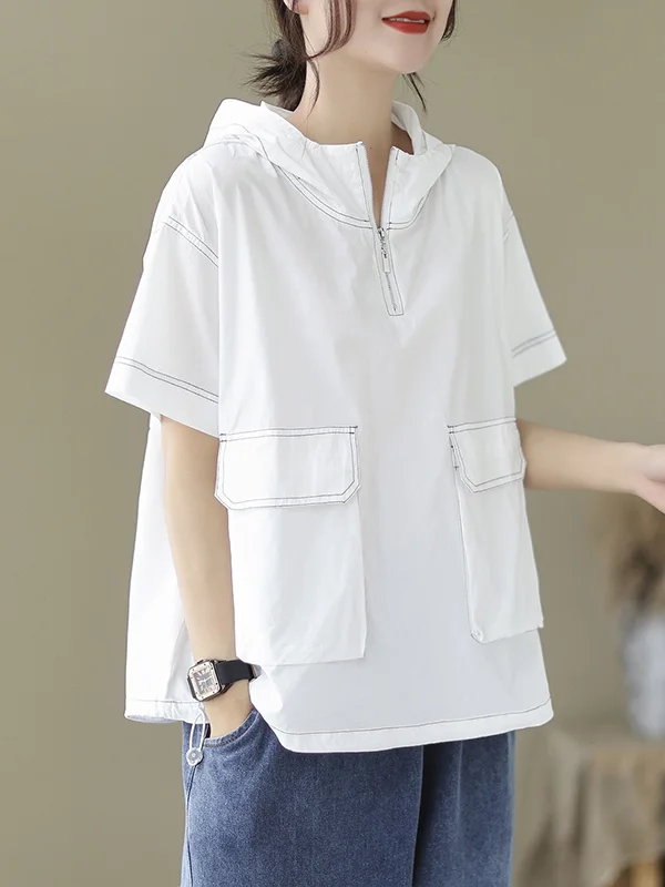 Zipper Short Sleeves Loose Hooded T-Shirts Tops