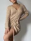 Deep V-Neck Long Sleeve Drawstring Knitting Mini Dress