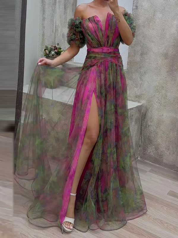V-Neck Sheer Detail Tulle Evening Dress