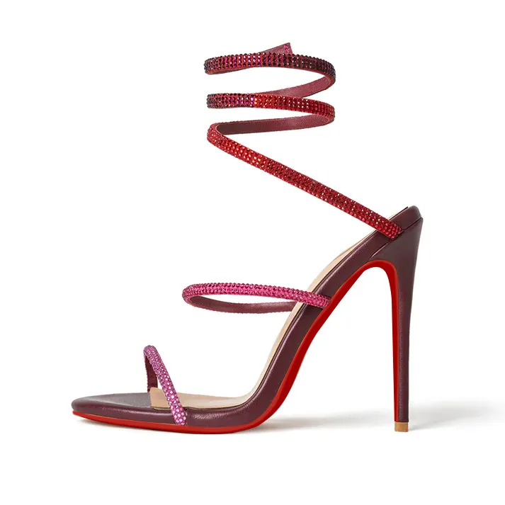 120mm Women's Spiral Strappy Red Bottom Sandals Rhinestone Heels Pull-on Sexy Stilettos-vocosishoes