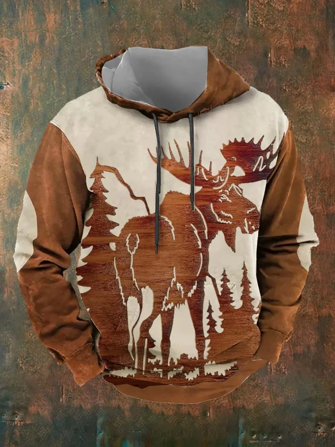 Men's Casual Retro Elk Print Hoodie