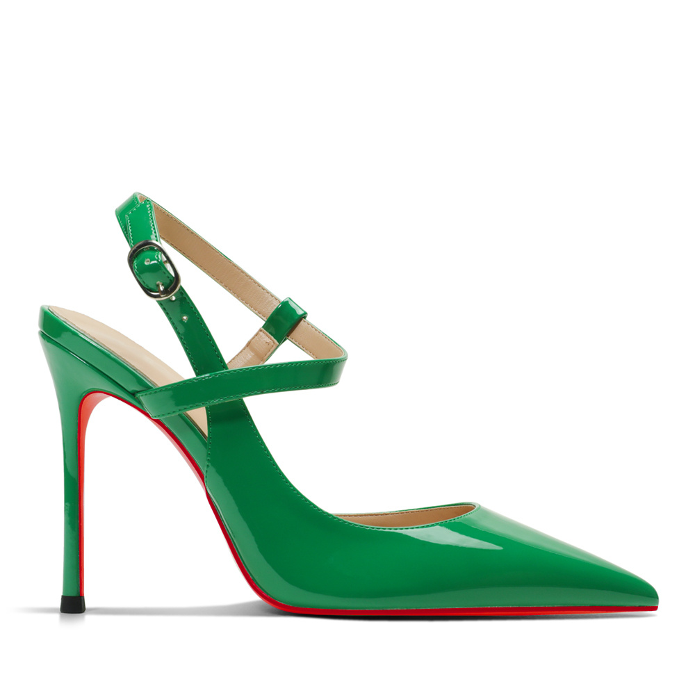 100mm Women Slingback Pumps Ankle Strap Jenlove Stiletto Mid Heel Close Pointed Toe Dress Red Bottoms Shoes-MERUMOTE