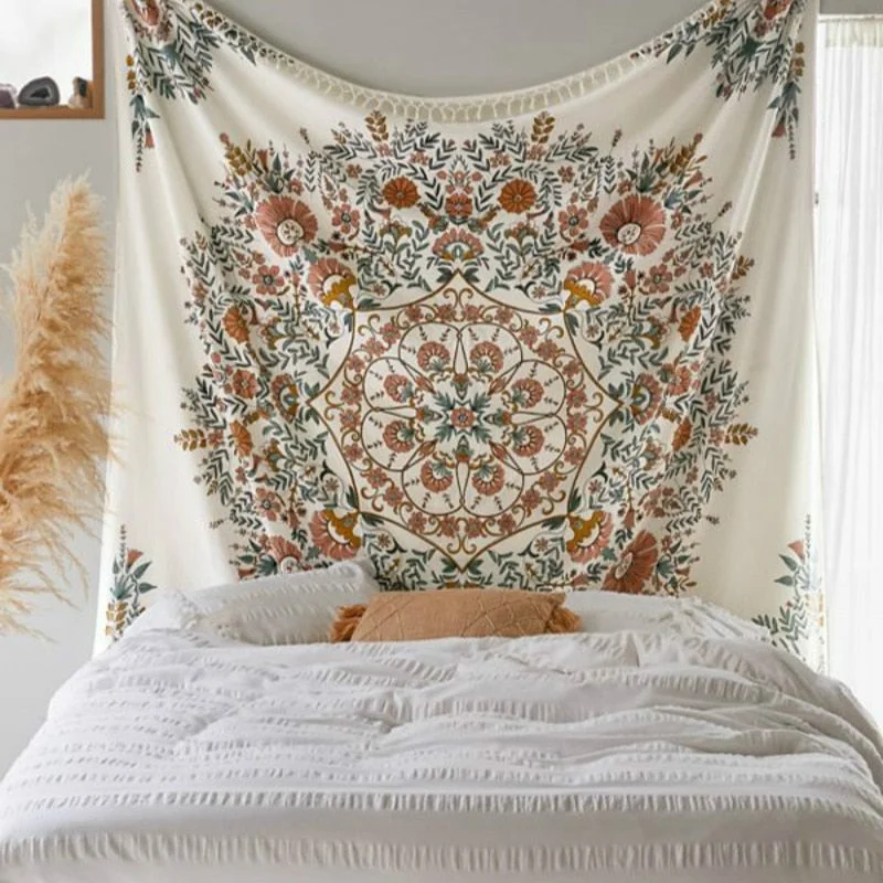 Floral Medallion Tapestry, Bohemian Mandala Wall Hanging Tapestries, Indian Art Print Mural for Bedroom Living Room Dorm Home