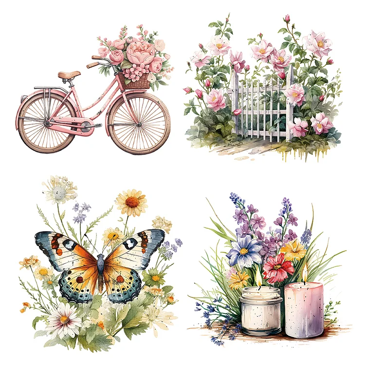 4 Sheets Flowers Iron on Patches Heat Transfer Vinyl Patch Stickers (Bicycle)