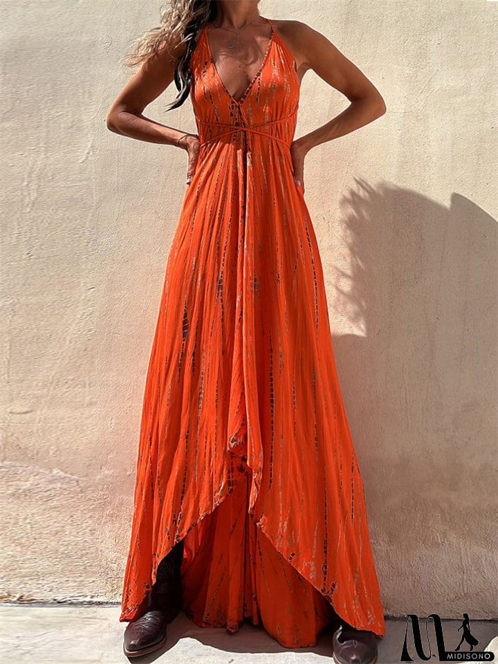 MidiSono - Boho Style Lady Sexy Big Swing Spaghetti Strap Dress