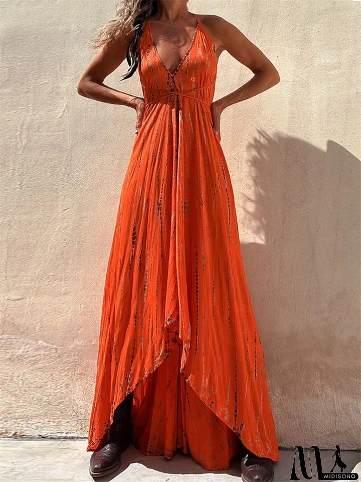 MidiSono - Boho Style Lady Sexy Big Swing Spaghetti Strap Dress