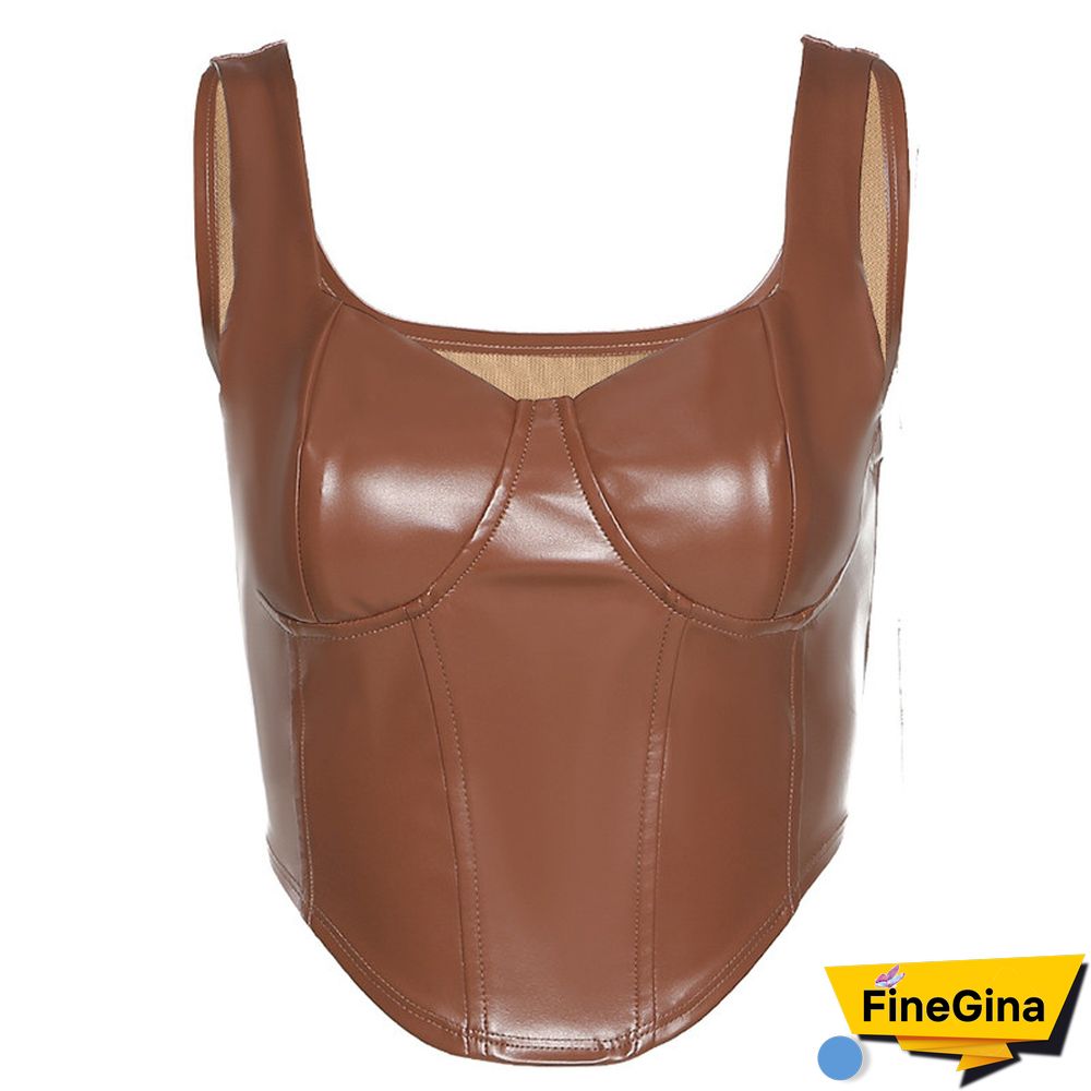 Faux Pu Leather Sexy Tank Push Up Brown Corset Crop Tops Women Club Party Sleeveless Female Backless Camis Tees
