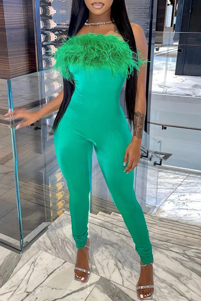 Fashion Casual Solid Split Joint Backless Strapless Skinny Jumpsuits