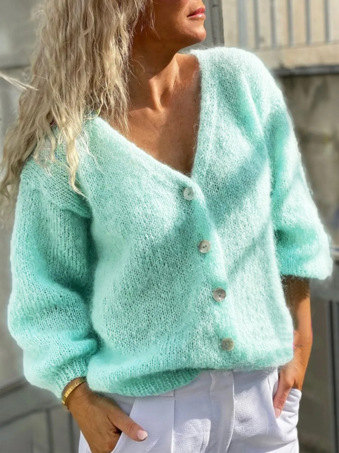 Women V Neck Sheer Mohair Knit Cardigan