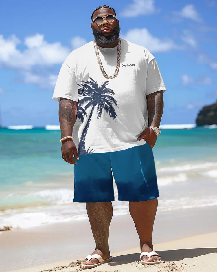 Men's Plus Size Hawaiian Coconut Tree Alphabet Print T-Shirt Shorts Suit