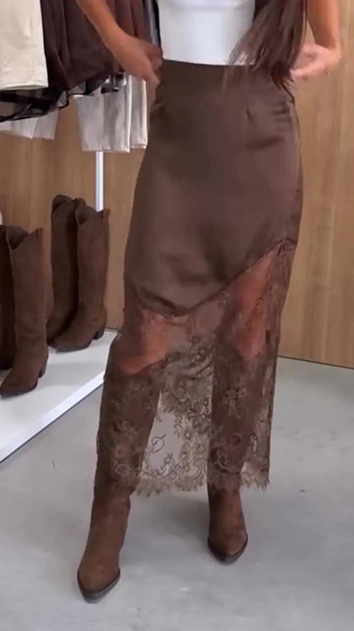 Satin Lace Patchwork High-Rise H-Line Maxi Skirt &mdash; Elegant Ankle-Length Autumn Skirt