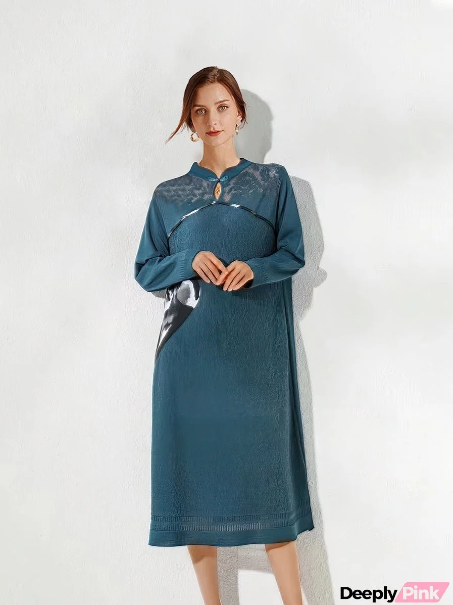 Stand Collar Elegant Stitching Long-sleeved Midi Dress