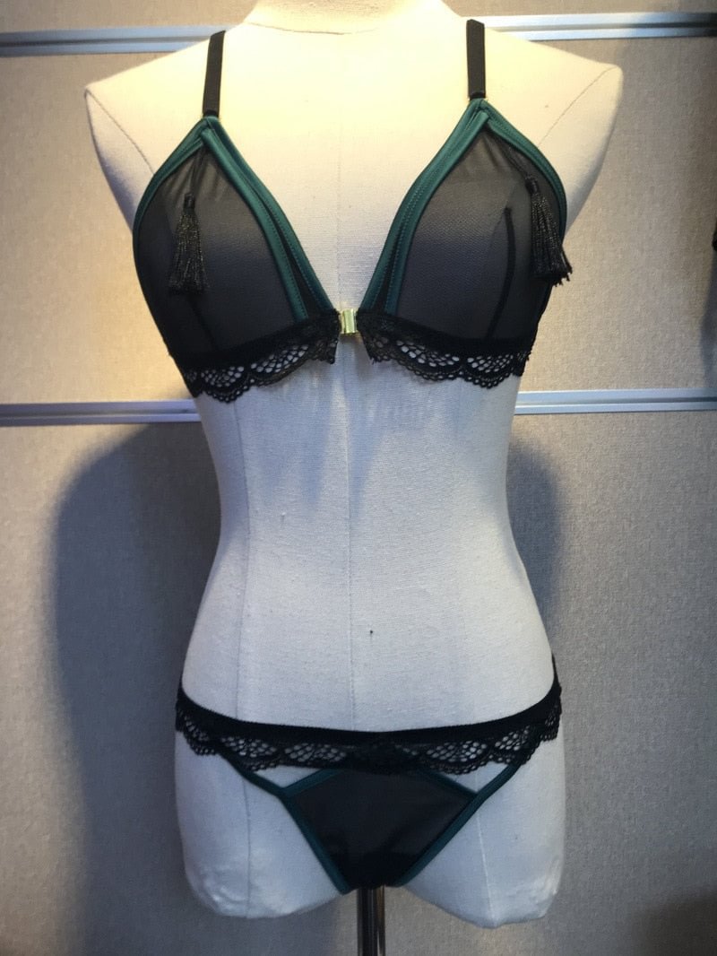 Wriufred New sexy mesh see-through bra set front buckle T-pants no steel ring lingerie panties set sexy women's underwear