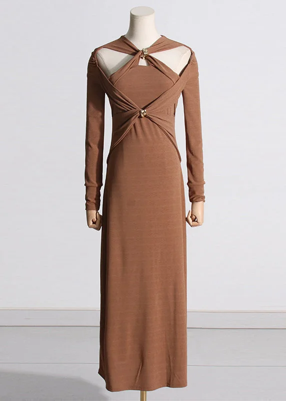 Unique Brown Hollow Out Patchwork Cotton Long Dress Fall