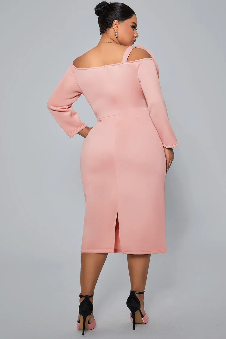Xpluswear Design Plus Size Cocktail Party Midi Dresses Elegant Pink   Square Neck Long Sleeve 3D Knitted Midi Dresses