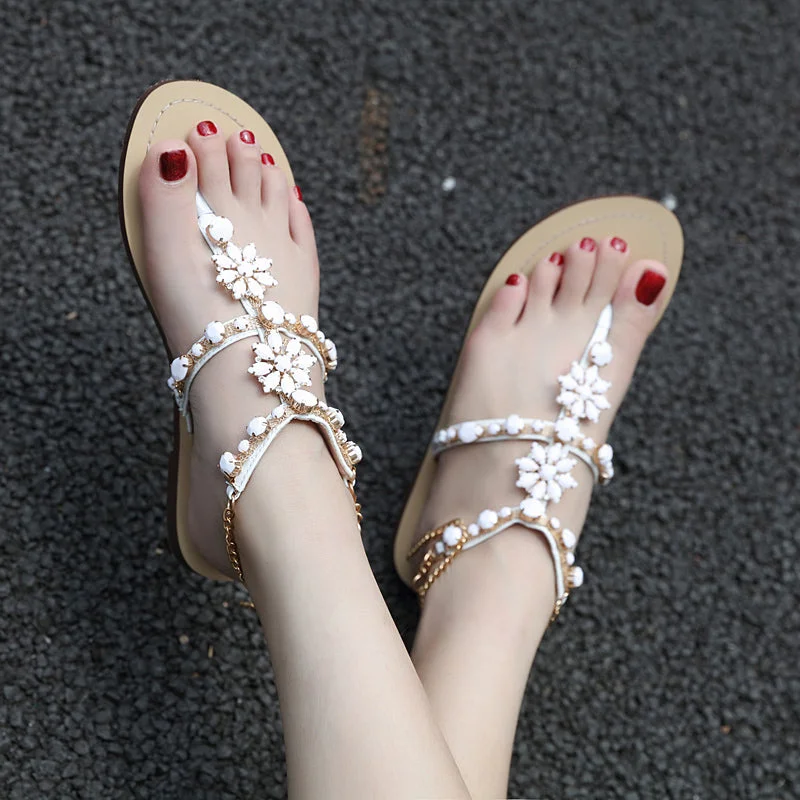 Women Sandals Rhinestones Chains Bling Beach Shoes Gladiator Sandal Women Flats Crystal Plus Size 46