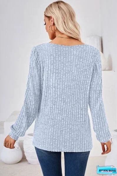 Ribbed Square Neck Long Sleeve T-Shirt