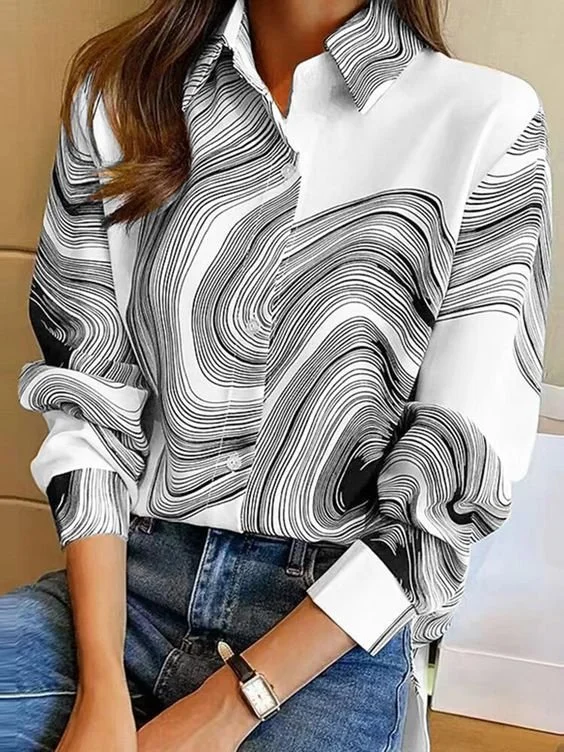 Casual Shirt Collar Loose Abstract Stripes Blouse socialshop